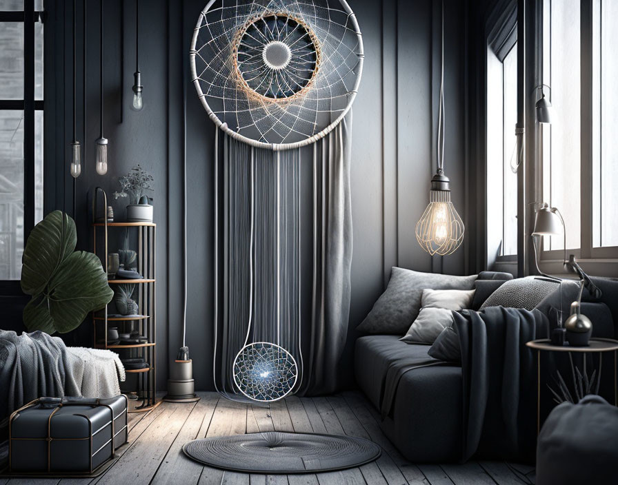 Modern Living Room Corner with Gray Sofa and Stylish Decor