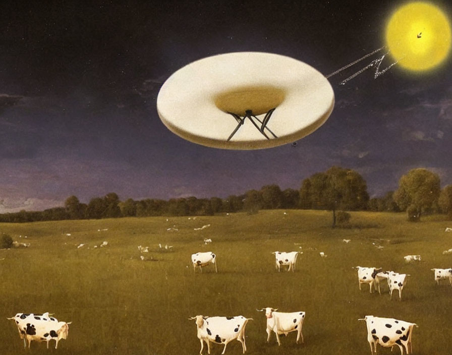 UFO hovering over field with cows under dusk sky