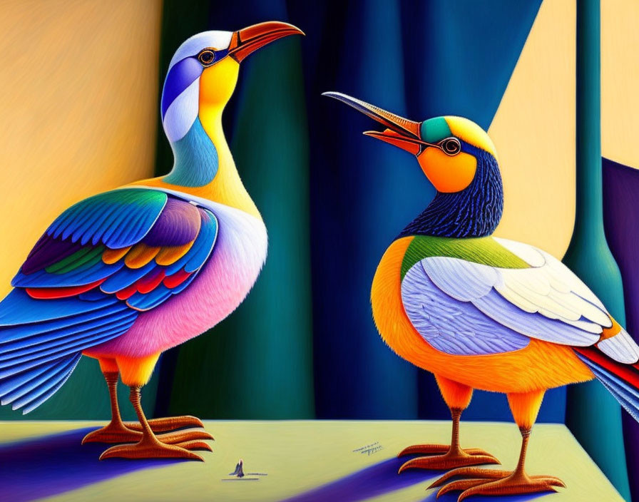 Colorful Stylized Bird Artwork with Surreal Background