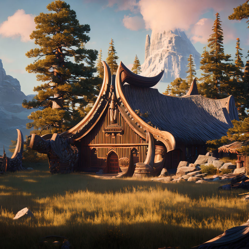 Viking longhouse in forest clearing with mountains & pines
