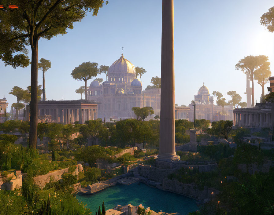 Ancient cityscape at sunset with grand dome and lush trees