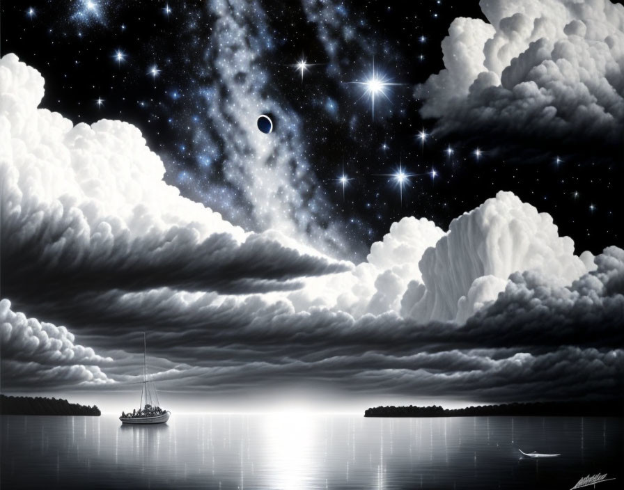 Tranquil night sailboat scene with galaxy, eclipsed moon, and clouds