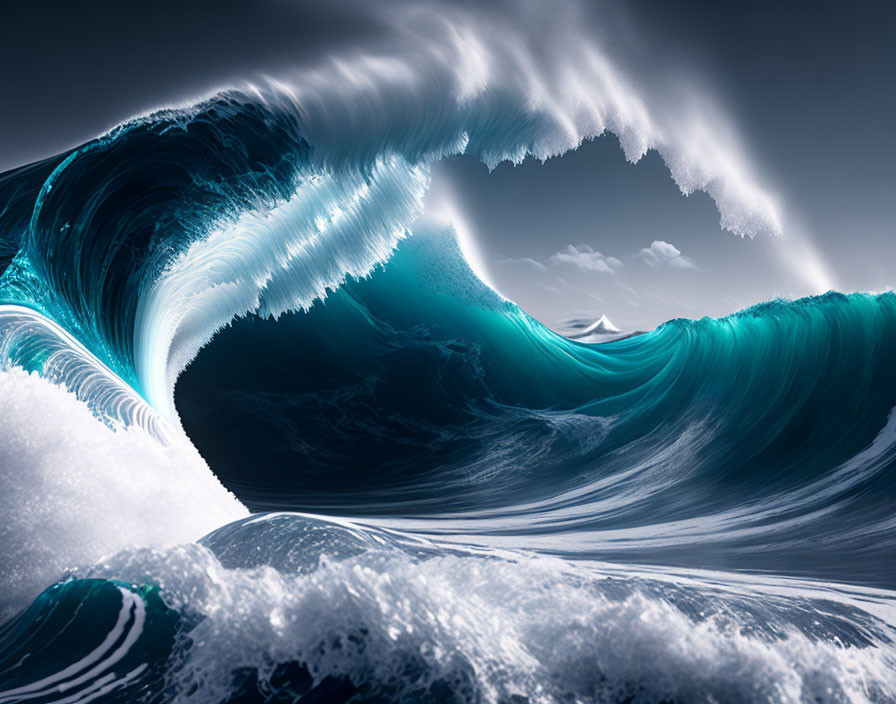 Majestic blue and white wave against serene sky and mountains