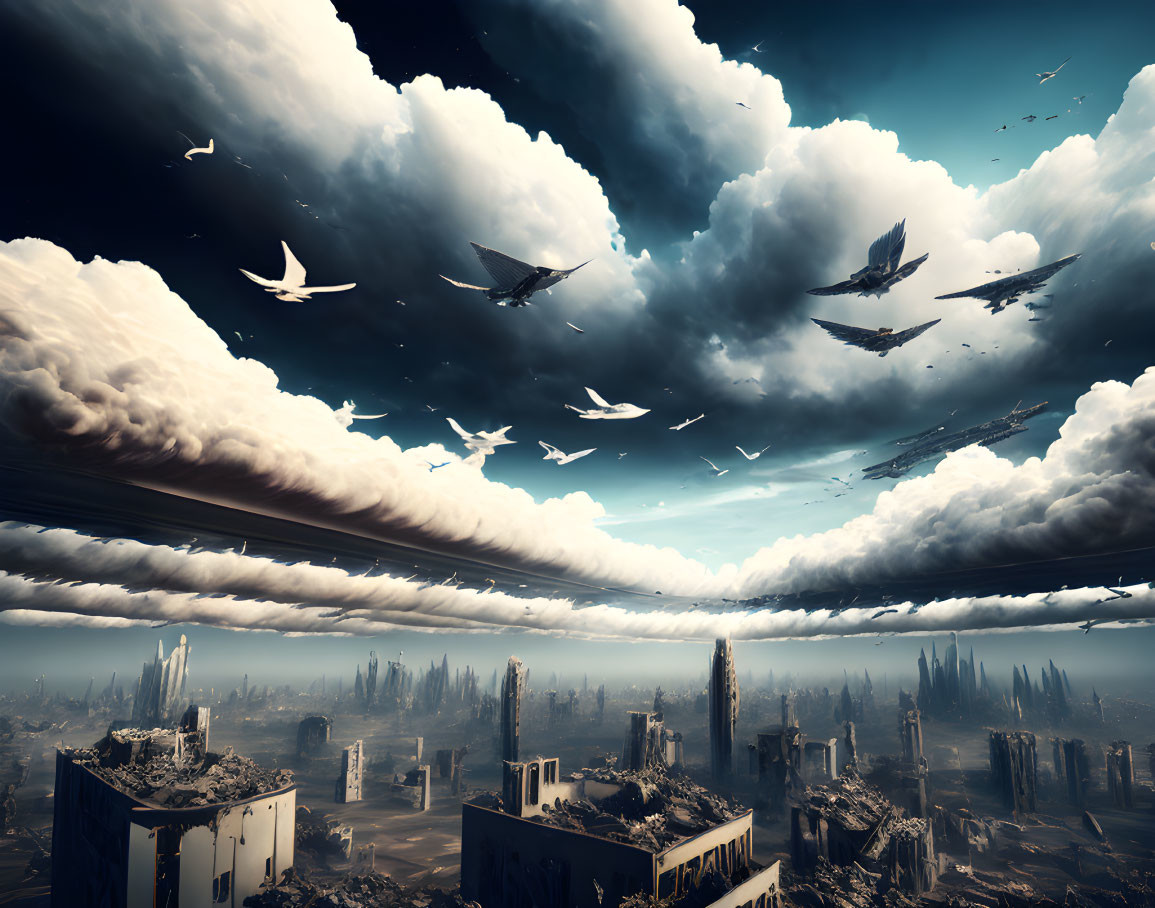 Birds flying over dystopian cityscape with dramatic sky and unique cloud formation