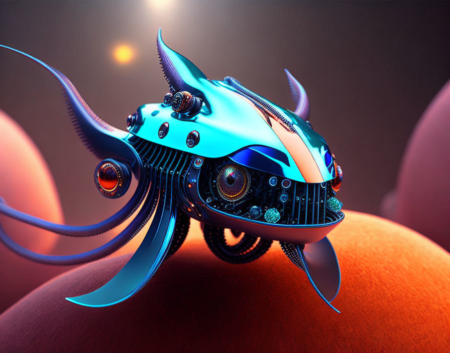 Detailed 3D illustration of futuristic mechanical fish creature