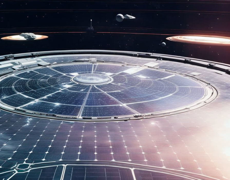 Futuristic space station with solar panels and distant planets.