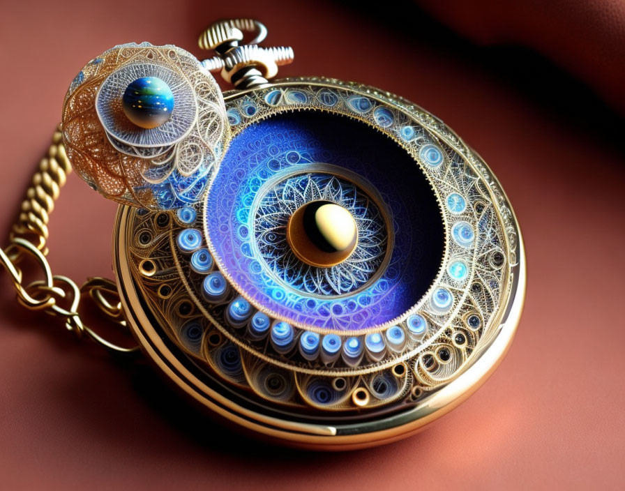 Surreal pocket watch with eye motifs on red surface