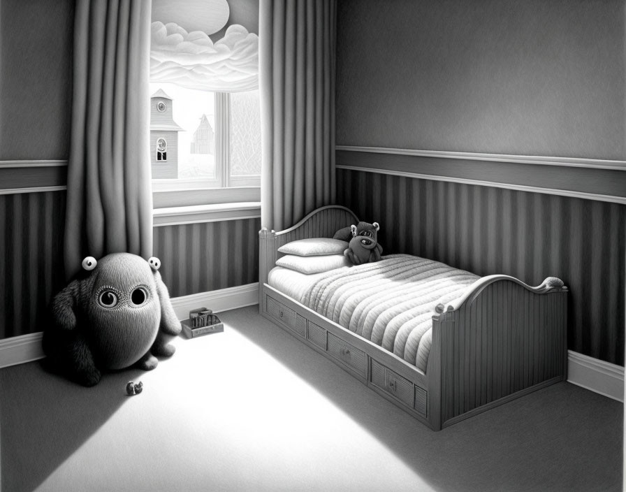 Monochrome child's bedroom with whimsical monsters.