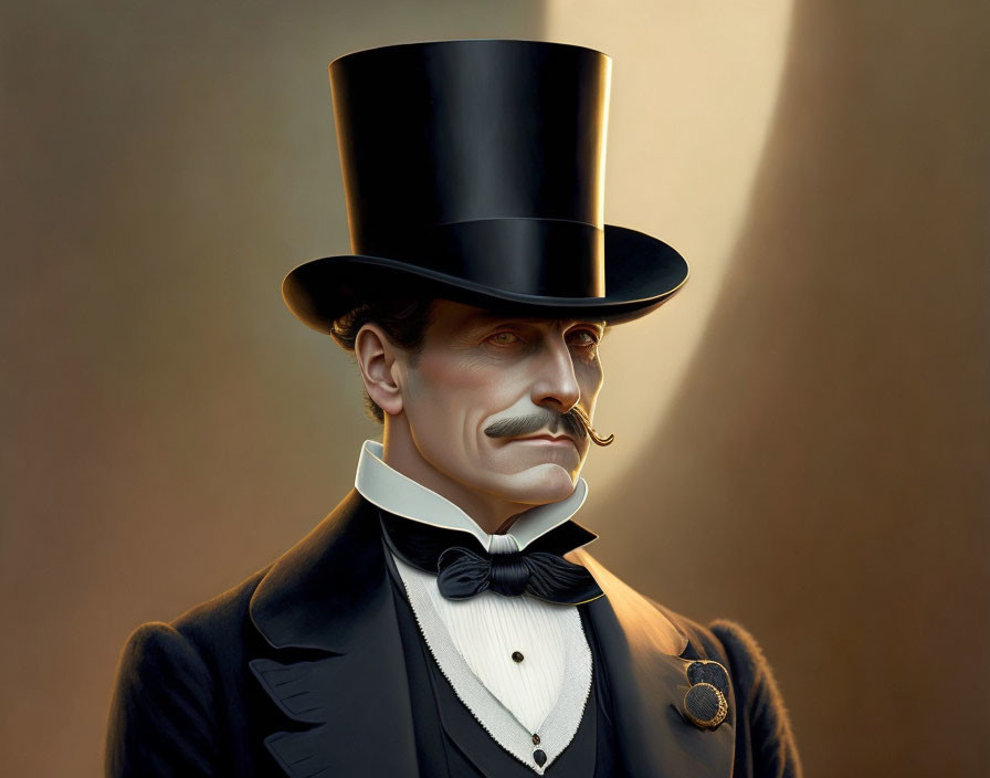 Sophisticated gentleman with top hat, styled moustache, monocle, and bow tie.