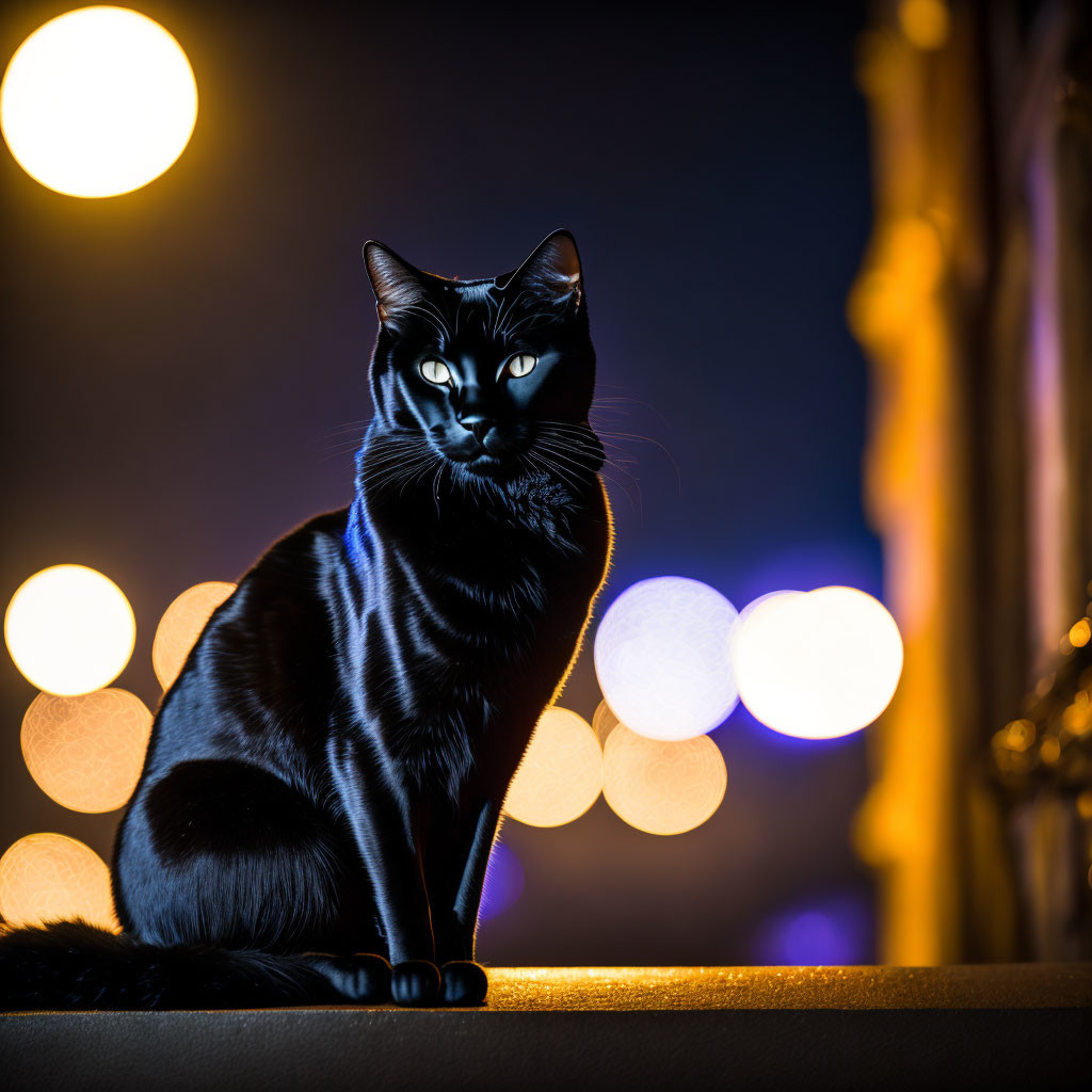 Regal Black Cat Against Bokeh Light Background