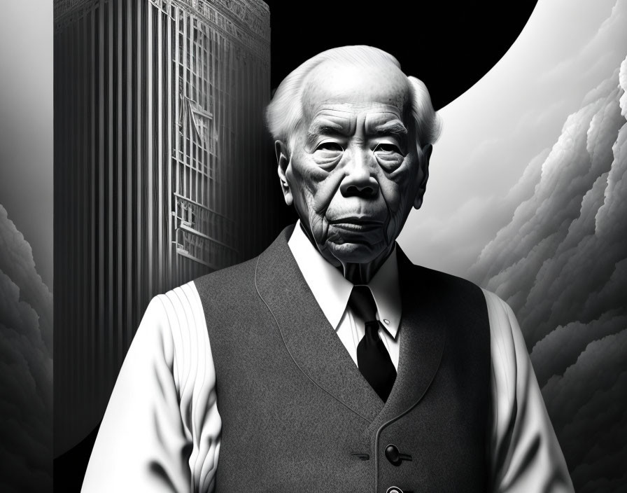 Monochrome portrait of elderly man in vest and suit against skyscrapers