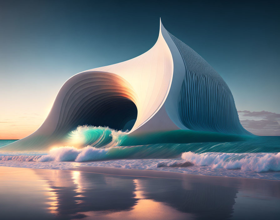 Surreal wave sculpture resembling curled page on serene beach