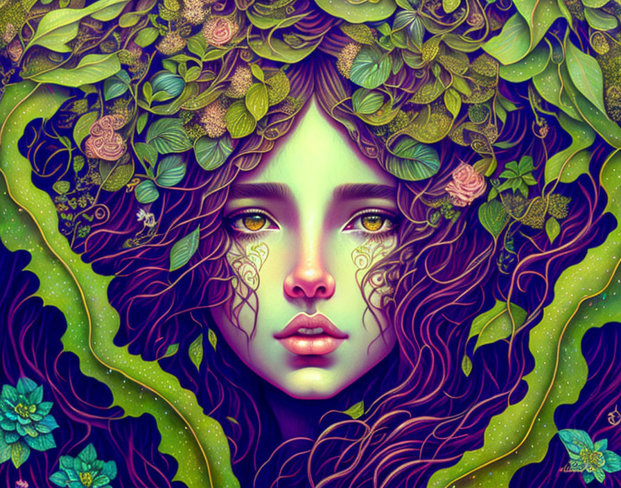 Detailed Woman Illustration with Flowing Hair and Lush Foliage