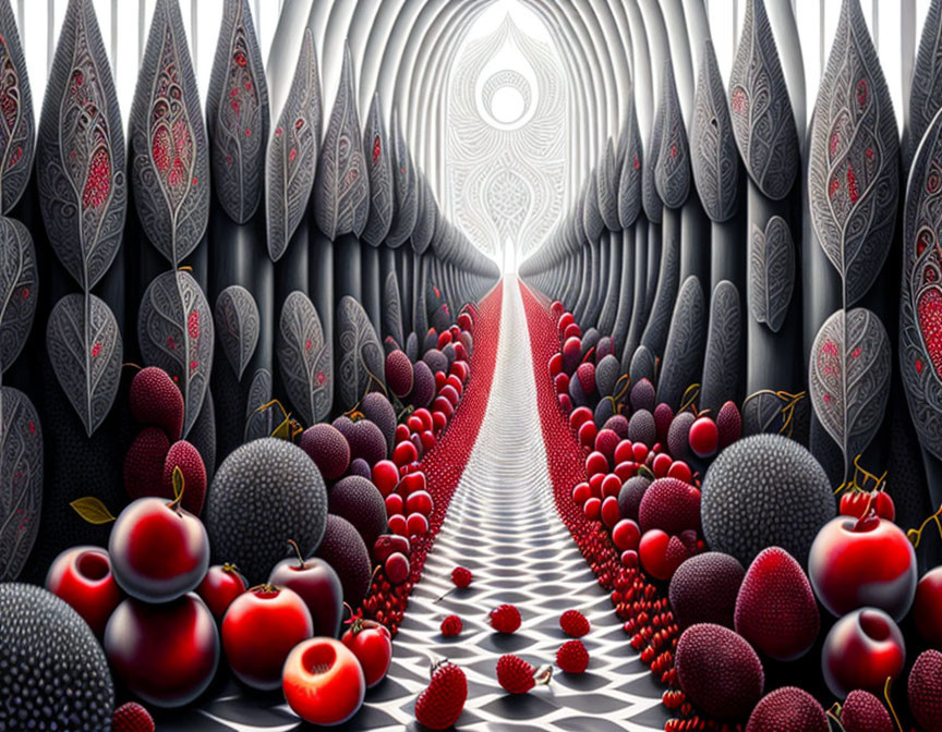 Symmetrical digital artwork with path, bright light, trees, and red fruits