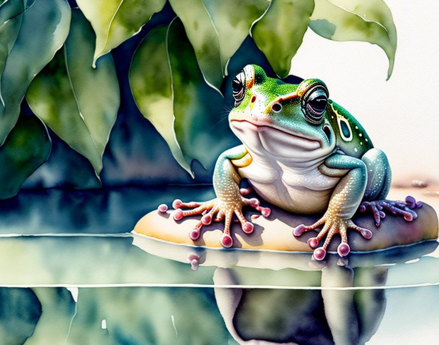 Colorful Green and White Frog with Red Toes Resting on Leaf Near Water