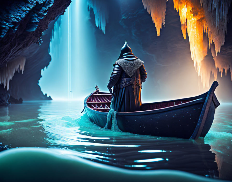 Cloaked Figure in Boat in Luminescent Cave with Stalactites