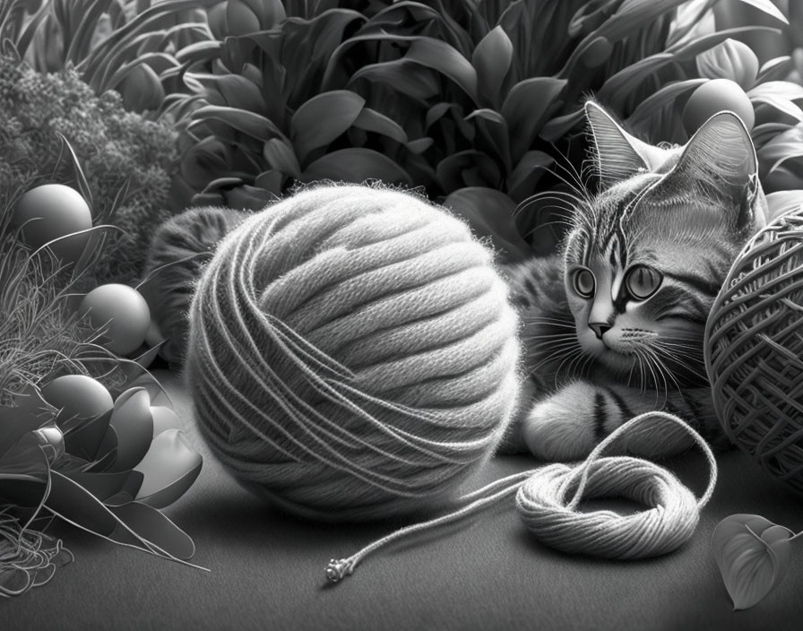 Monochrome cat with yarn ball, plants, and basket