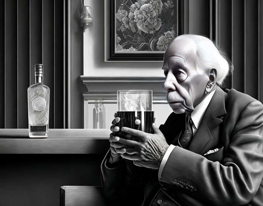 Elderly Gentleman in Suit Contemplating at Bar