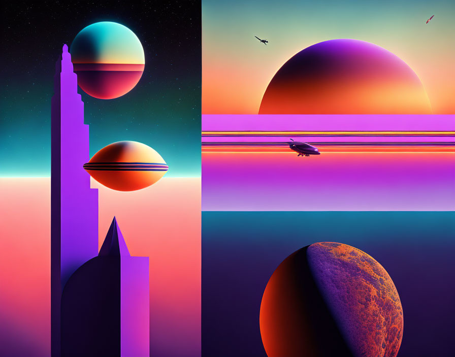 Four-panel surreal landscape digital art collage with oversized planets, minimalist structures, and flying craft silhouettes