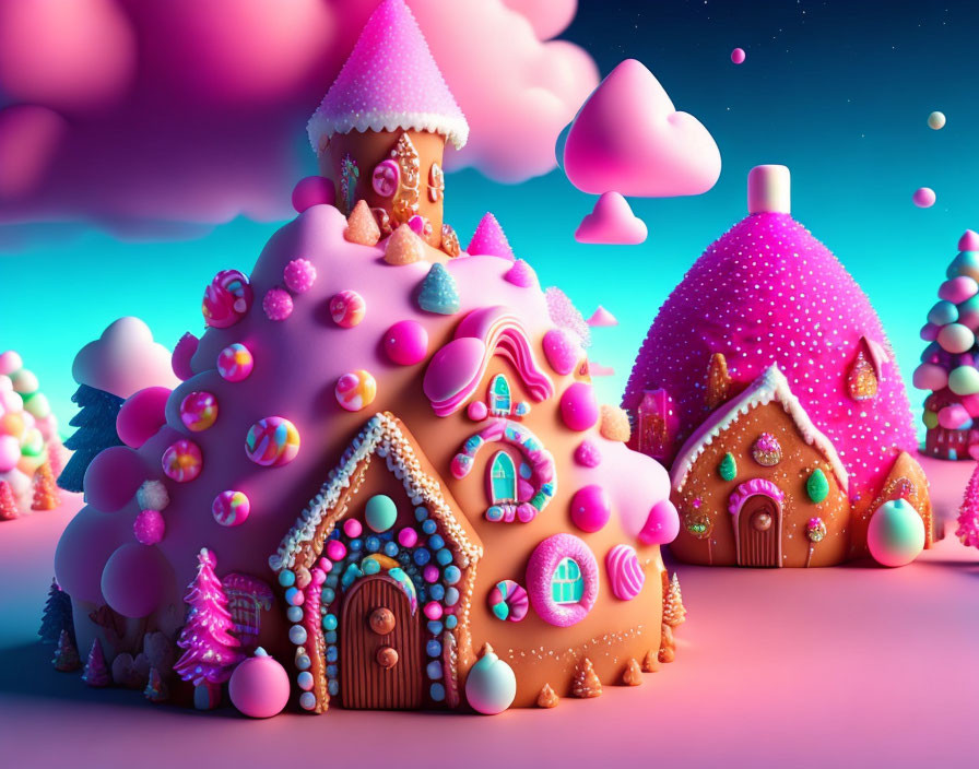 Whimsical candy-themed landscape with gingerbread houses and heart-shaped clouds