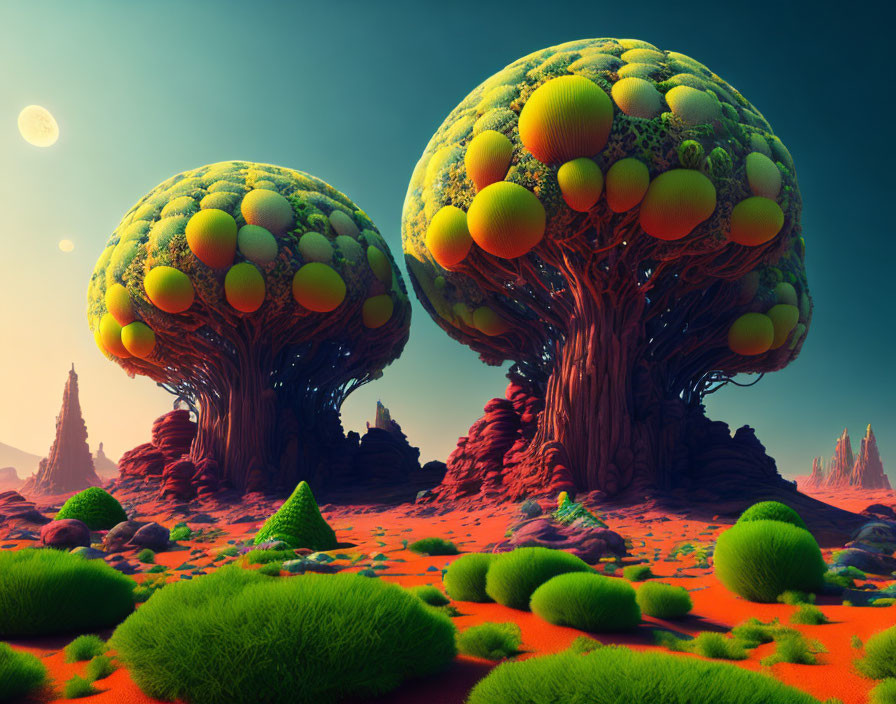 Vibrant alien landscape: oversized tree-like structures on red terrain with two moons.