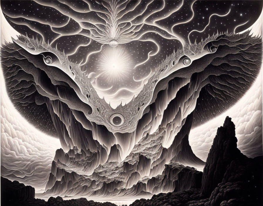 Detailed surreal black and white cosmic illustration with bird-like entities, celestial body, cliffs, and starry