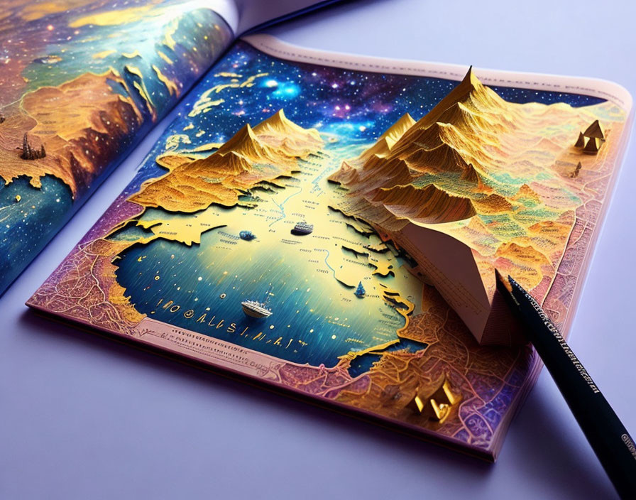 Detailed 3D Pop-Up Book: Mountains, Lake & Celestial Landscape