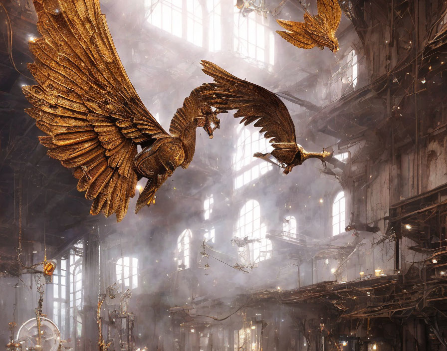 Golden mechanical eagle flying in dilapidated factory with floating gears and clock parts