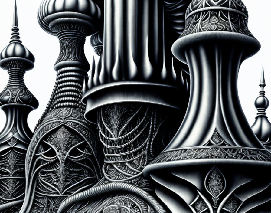 Detailed Monochromatic Illustration of Ornate Chess Pieces