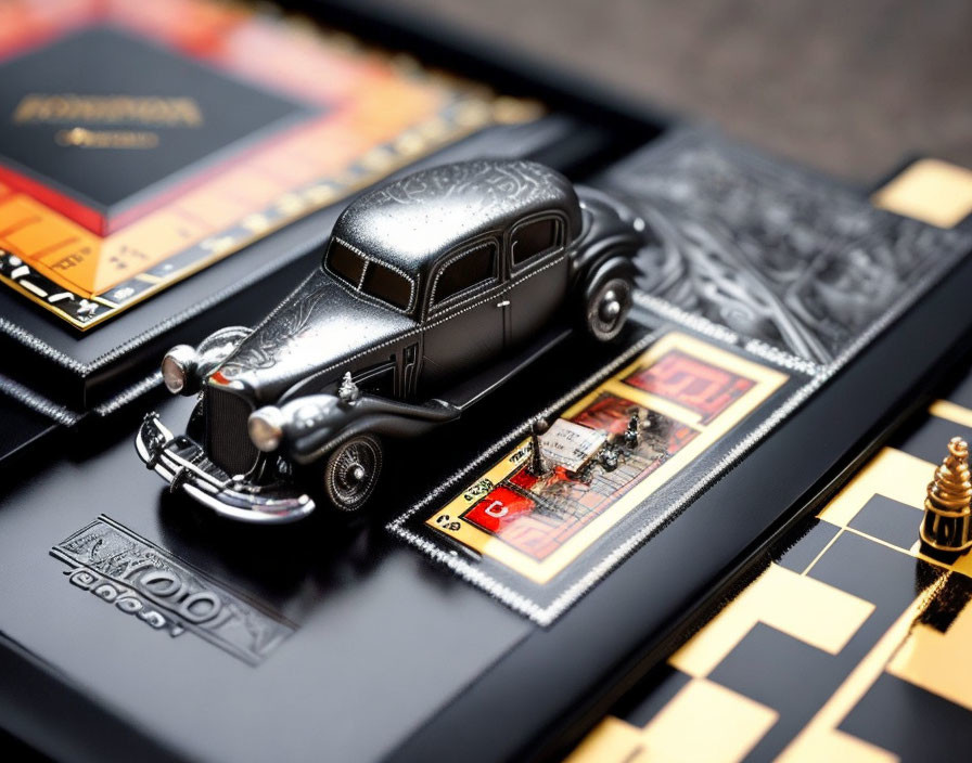 Vintage-Style Car Token on Luxury Monopoly Board with Gold Elements