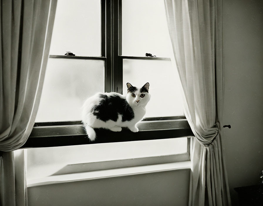 Black and white cat with unique marking on windowsill staring at camera