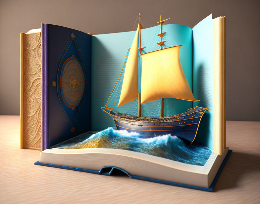 3D pop-up book with sailing ship illustration on stormy seas