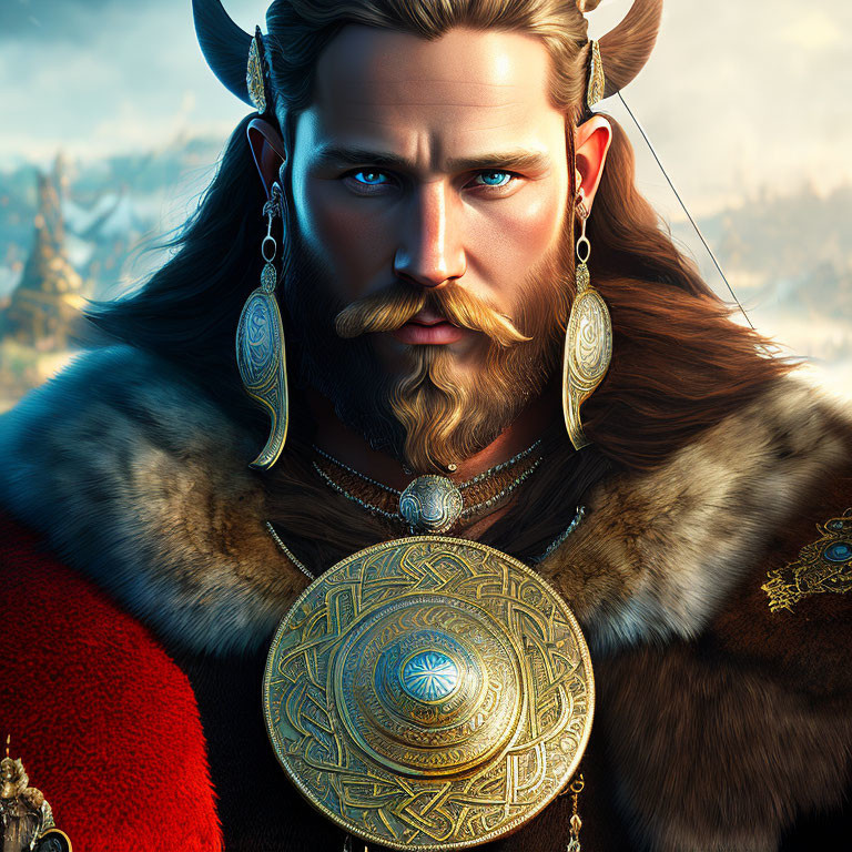 Digital artwork of a bearded Viking man with blue eyes and fur cloak holding a shield.