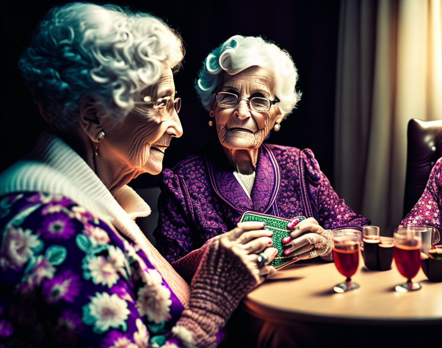 Elderly women with white hair smiling at table with cards and red beverage