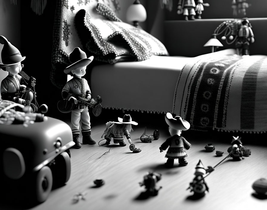 Monochrome bedroom scene with dynamic toy figurines