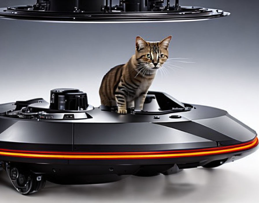 Tabby cat on glossy futuristic robotic vacuum cleaner with orange trim