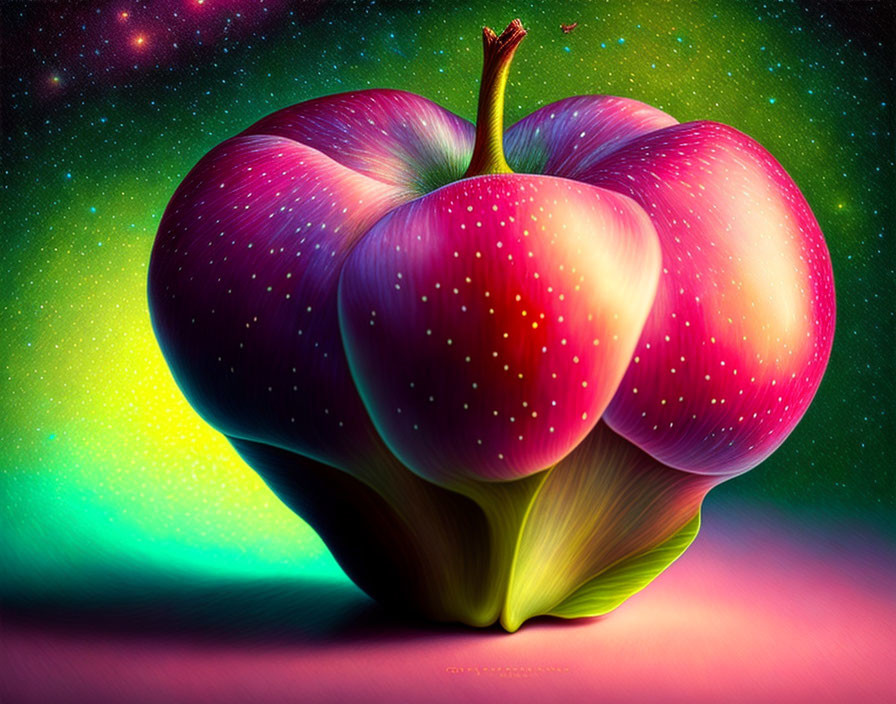 Colorful Stylized Apple Artwork with Cosmic Background