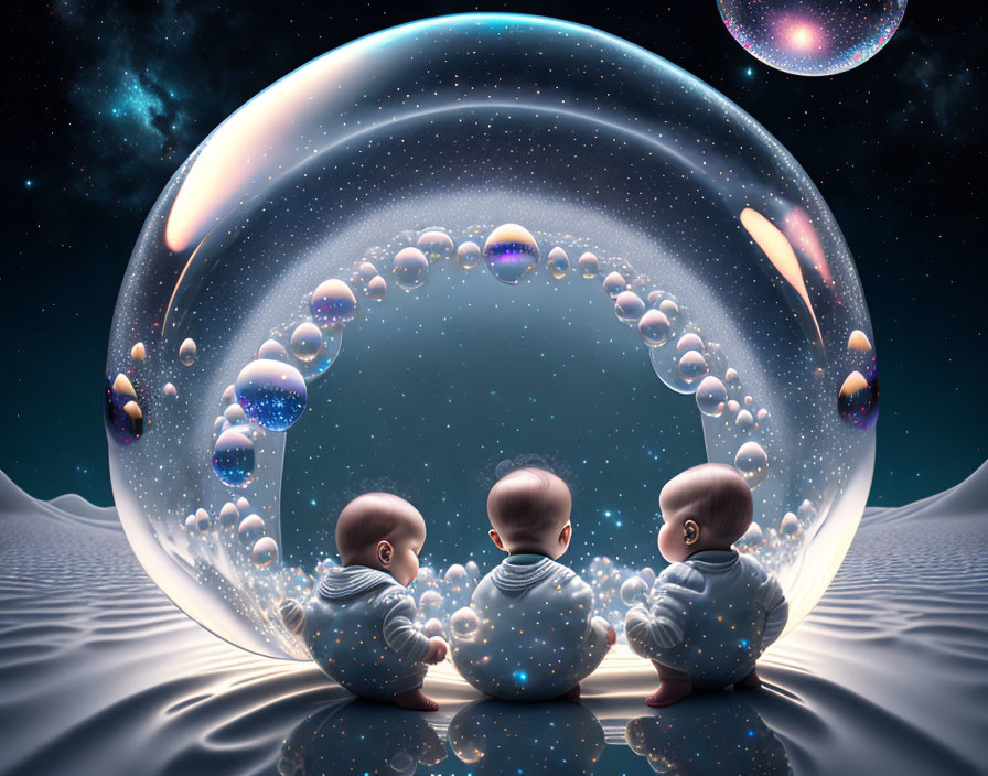 Three babies in cosmic bubble landscape with starry night sky