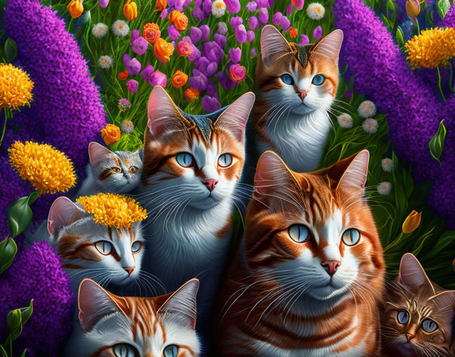 Colorful Illustration of Vibrant Cats with Butterfly Wings in Floral Setting