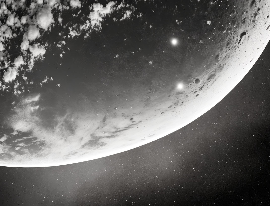 Monochromatic textured lunar surface under starry sky with hovering clouds