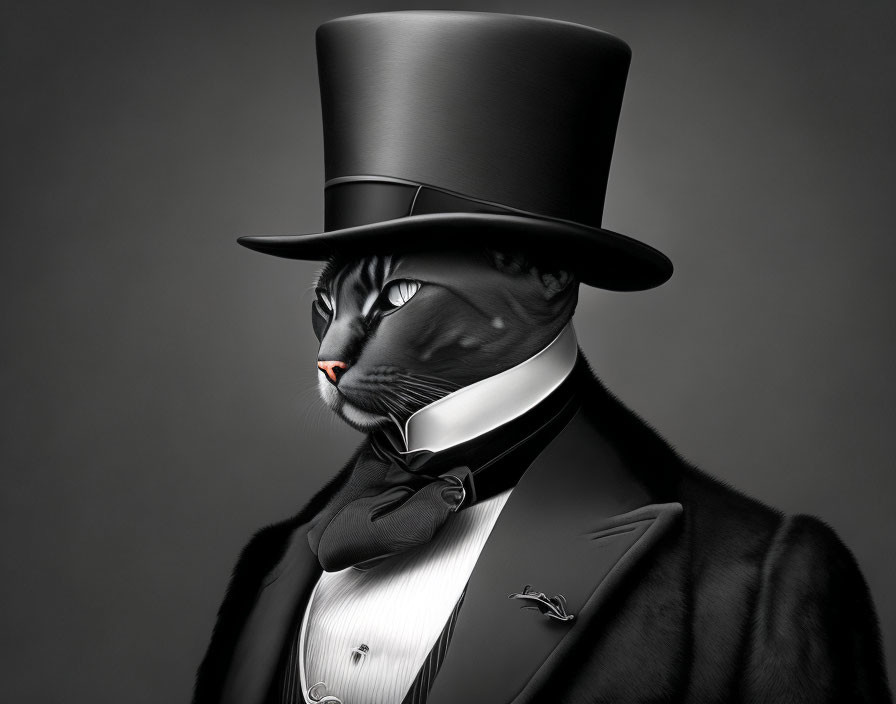 Stylized artistic depiction of a sophisticated black cat in elegant attire