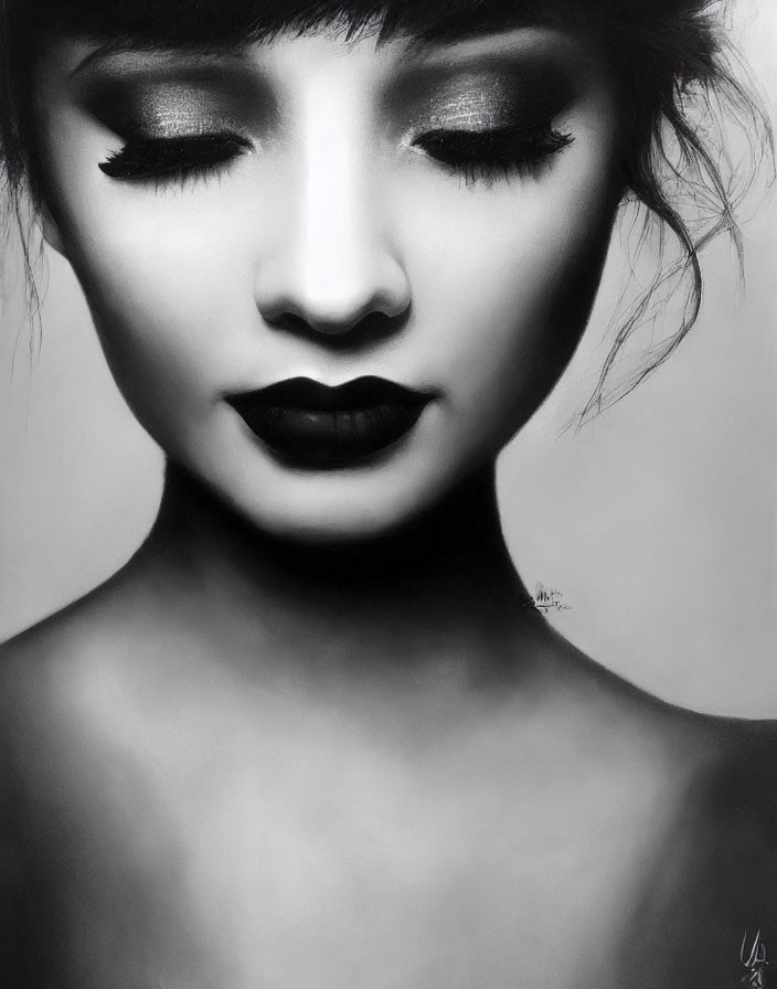 Serene monochrome portrait of a woman with closed eyes and dark lipstick