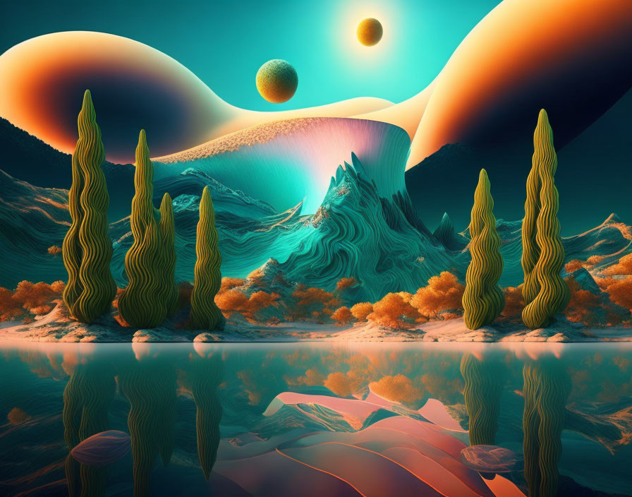 Surreal landscape with wavy trees, undulating hills, reflective water, vibrant orange foliage,