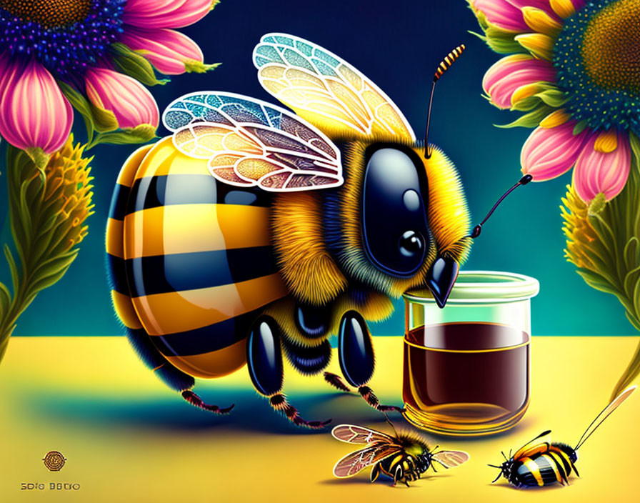 Vibrant Stylized Bee Illustration with Honey Pot and Sunflowers