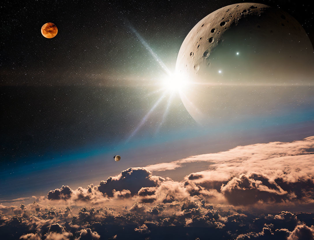 Large Cratered Moon in Dramatic Space Scene