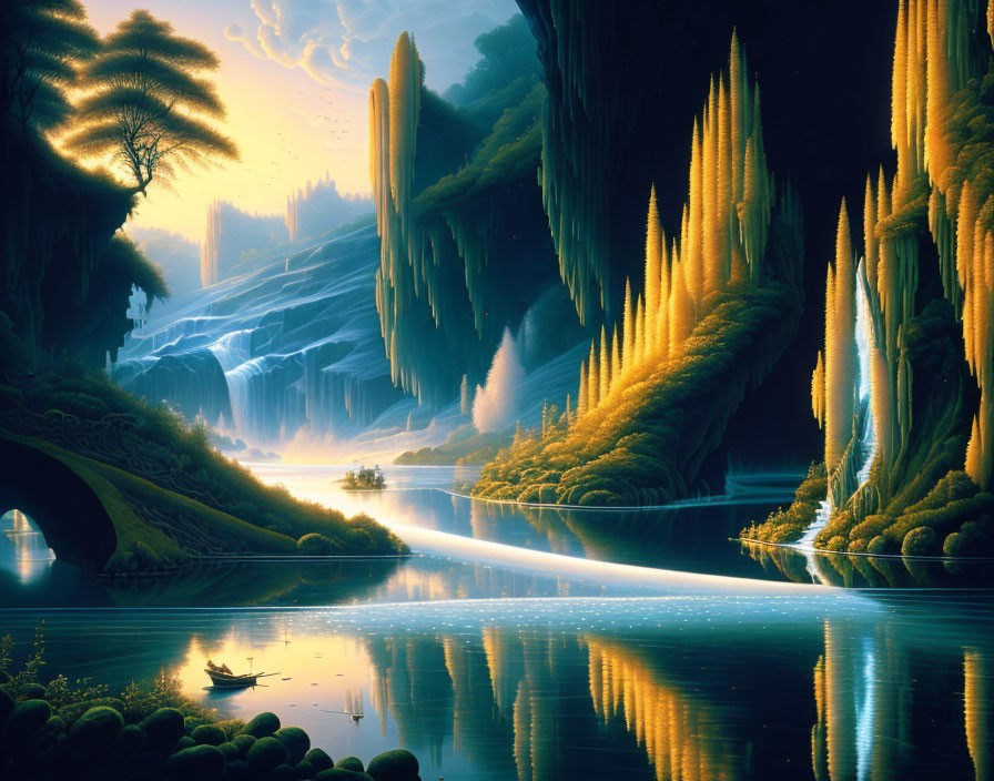 Luminous fantasy landscape with reflective river and waterfalls