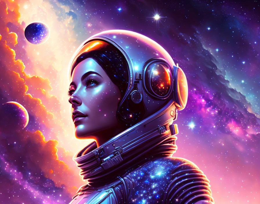 Illustration of woman astronaut in space with stars and nebulae