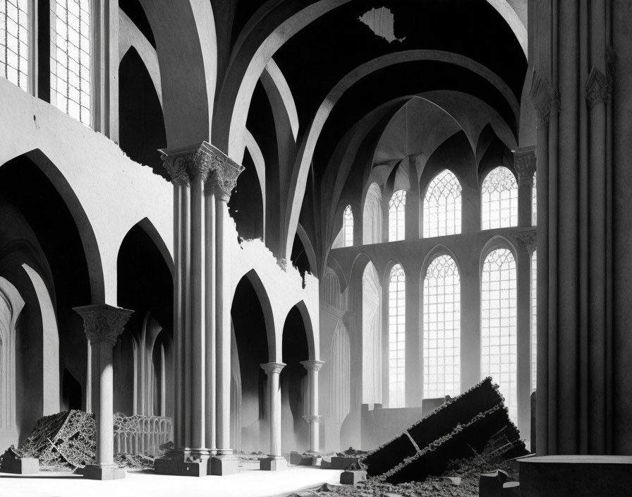 Monochrome photo of damaged gothic cathedral interior