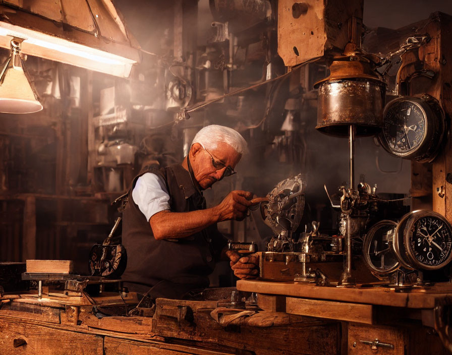 Elderly craftsman repairing item in dimly lit workshop