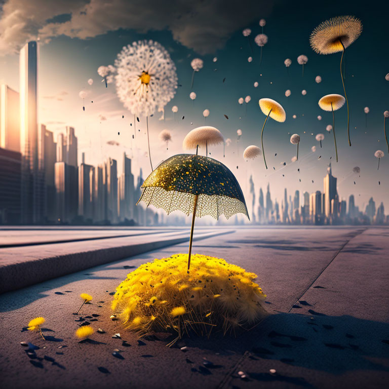 Dandelion seeds floating in surreal cityscape at sunrise